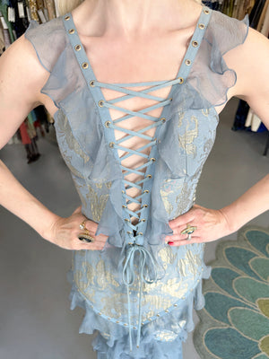 2003 Christian Dior by John Galliano Metallic Powder Blue Floral Silk Brocade Lace Up Bias-Cut Gown