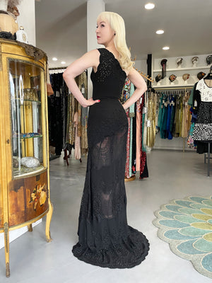 1998 Valentino Runway Black Beaded Cut-Out Silk & Sheer Lace Bias-Cut Gown