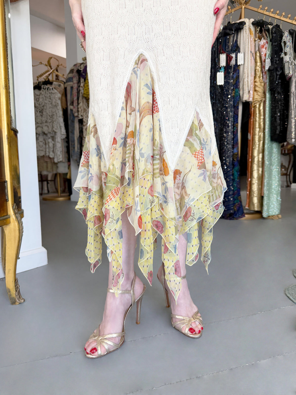 2004 John Galliano 'Cherubs & Flappers' Whimsical Print Silk Camisole & Cashmere Knit Bias-Cut Skirt Set