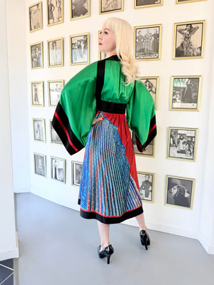 1977 Ungaro Haute Couture Runway Colorful Silk Kimono-Sleeve Tunic Blouse & Skirt Ensemble