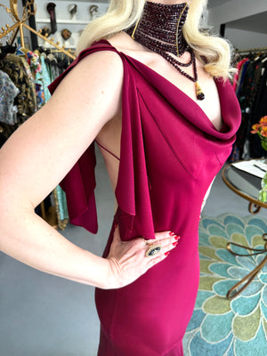 1999 John Galliano Maori Collection Wine Red Asymmetric High Slit Bias-Cut Gown