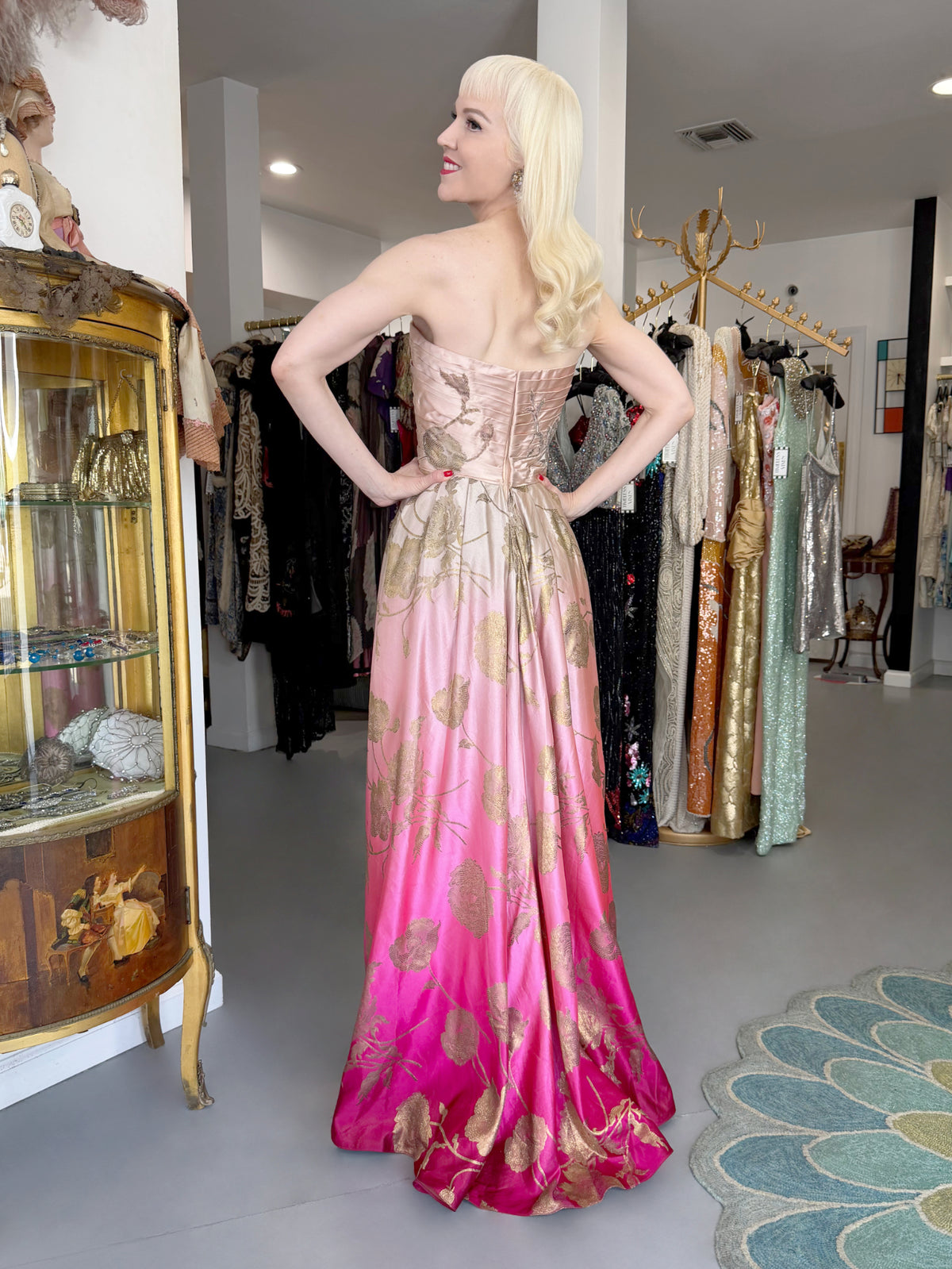 1950’s Philip Hulitar Couture Metallic Floral Ombré Pink Silk Satin Appliquéd Strapless Gown