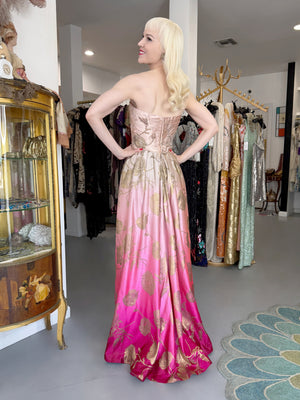 1950’s Philip Hulitar Couture Metallic Floral Ombré Pink Silk Satin Appliquéd Strapless Gown
