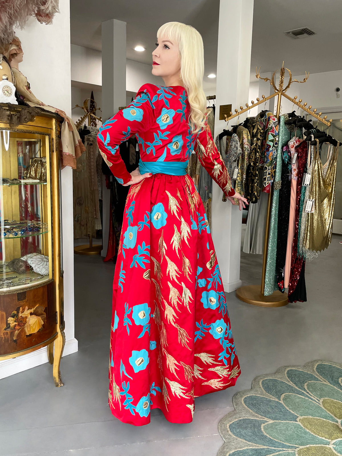 1986 Givenchy Haute Couture Metallic Appliquéd Satin Sash-Waist Gown