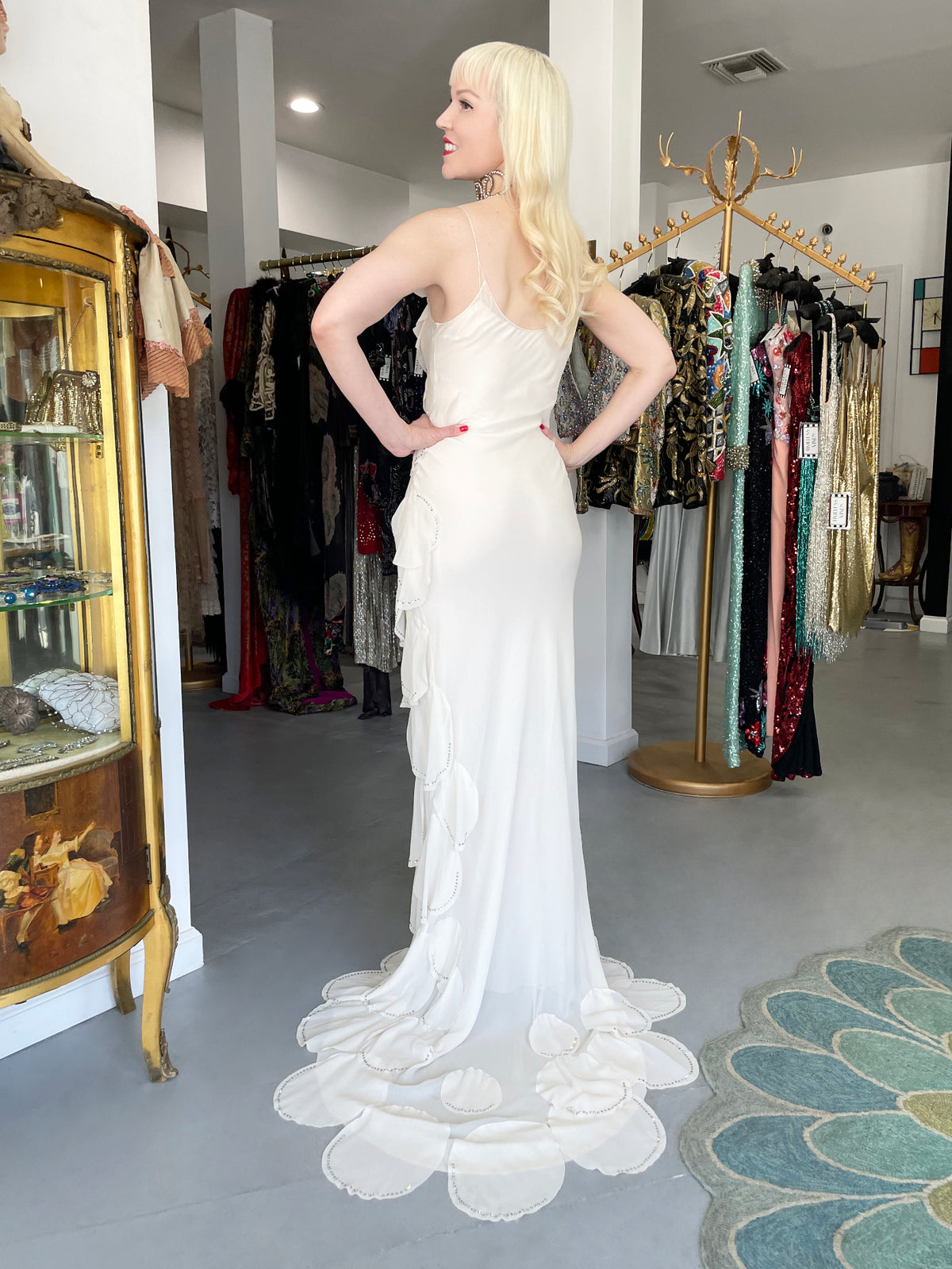 1990 Angelo Tarlazzi Paris Couture Ivory Silk Rhinestone Petals Bias-Cut Trained Gown