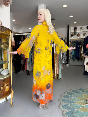 1972 Hanae Mori Couture Vogue Editorial Sunset Ombrè Floral Silk Gown & Matching Sheer Jacket