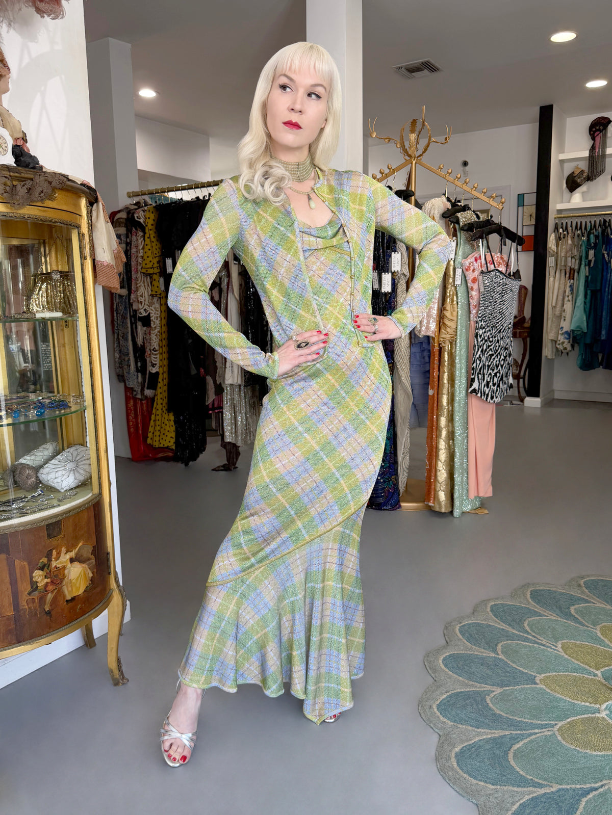 2000 John Galliano Metallic Plaid Lurex Knit Bias-Cut Maxi Dress w/ Matching Cardigan