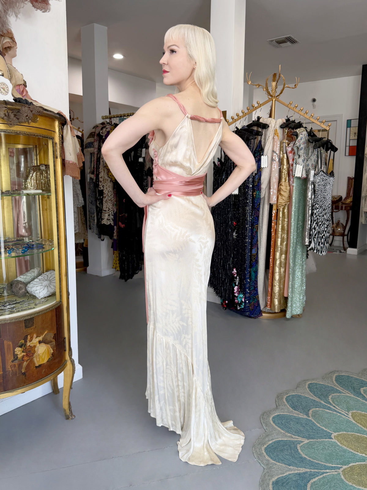 1930’s Ivory Leaf Motif & Blush Pink Silk Satin Floral Appliqué Bias-Cut Trained Couture Gown