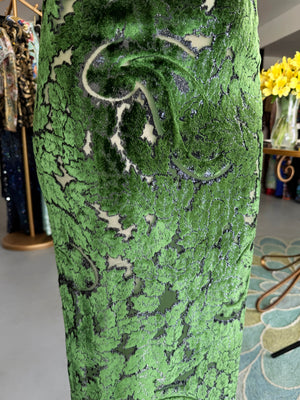 1990 Geoffrey Beene Couture 'Green Leaves' Sheer Devoré Velvet One-Sleeve Hourglass Gown