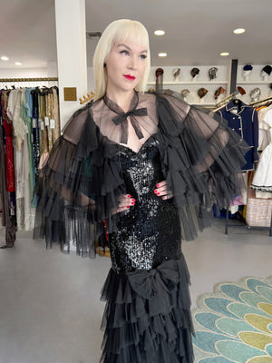 1978 Loris Azzaro Couture Black Sequin Strapless Tiered-Ruffle Gown & Sheer Capelet