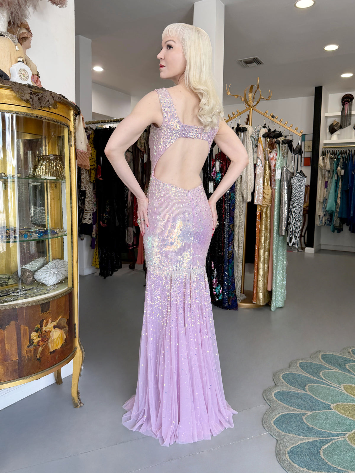2012 Blumarine Runway Iridescent Lilac Pink Fully Sequin Cut-Out Hourglass Mermaid Gown