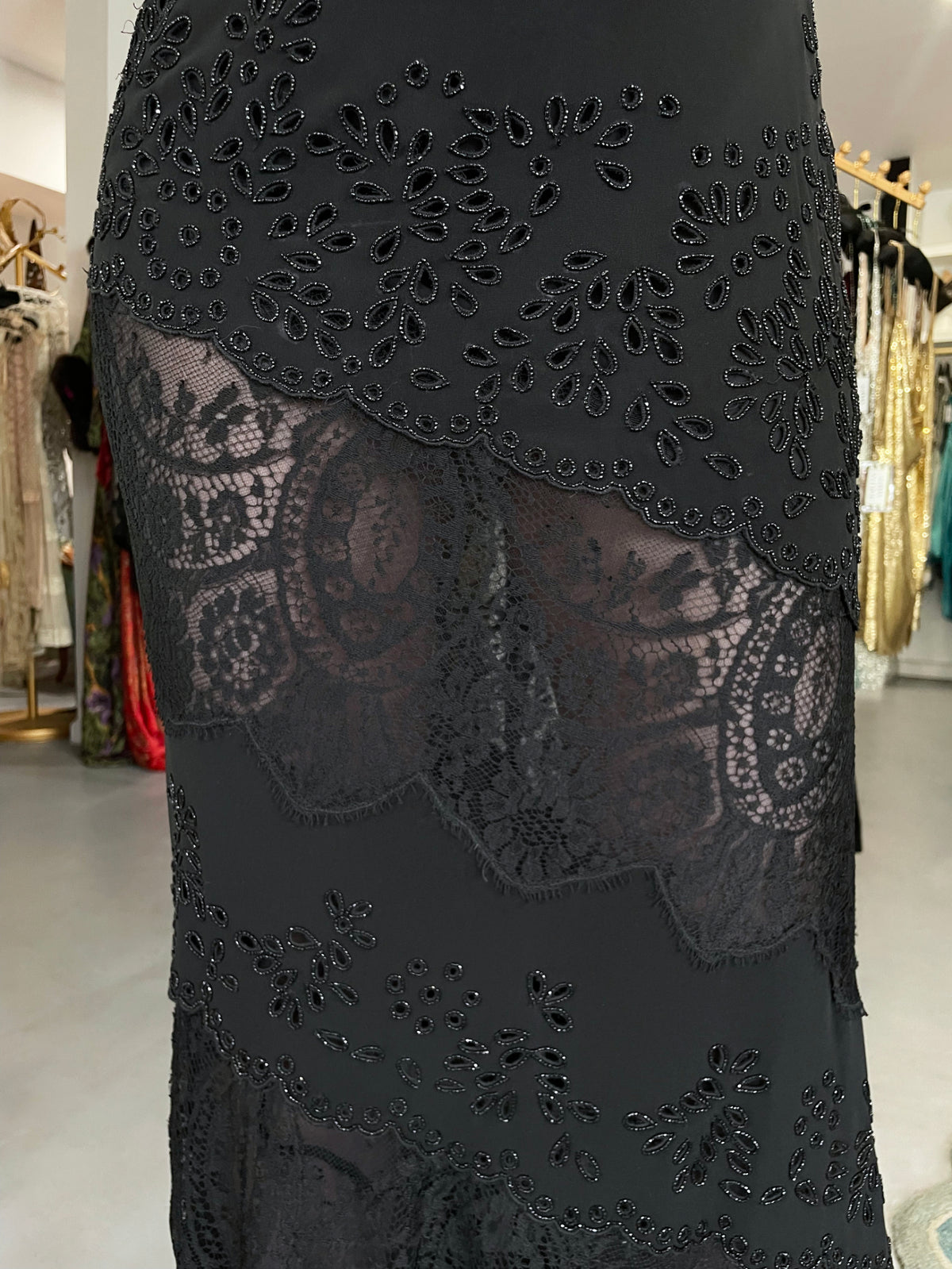 1998 Valentino Runway Black Beaded Cut-Out Silk &amp; Sheer Lace Bias-Cut Gown