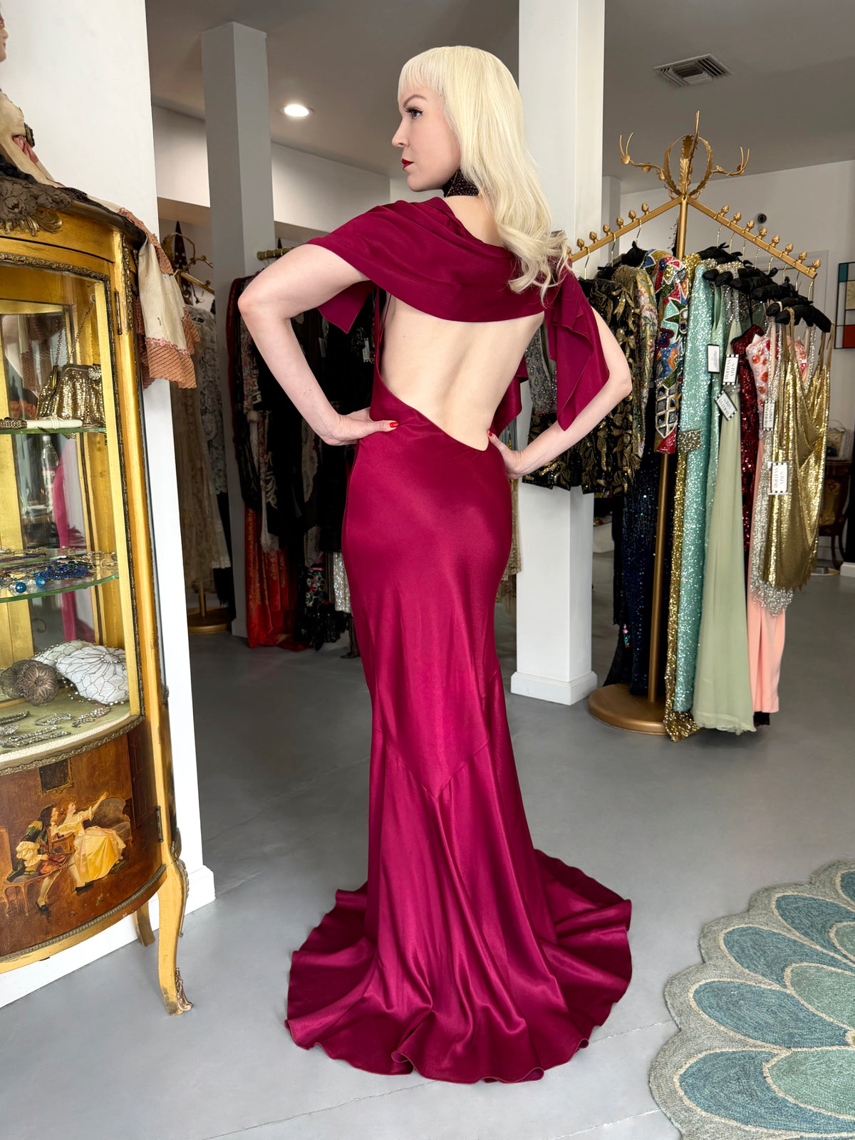 1999 John Galliano Maori Collection Wine Red Asymmetric High Slit Bias-Cut Gown