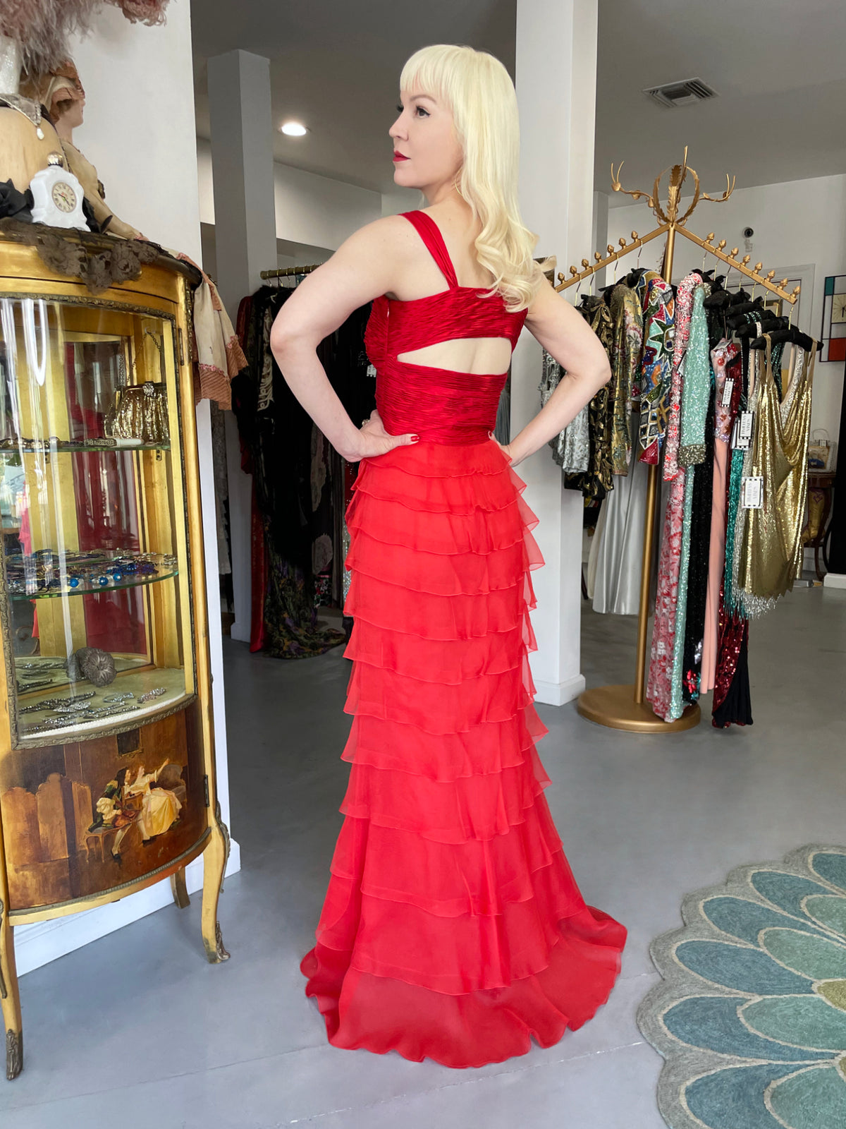 2005 Valentino Runway Iconic Red Ruched Silk Cut-Out Tiered Ruffle Gown