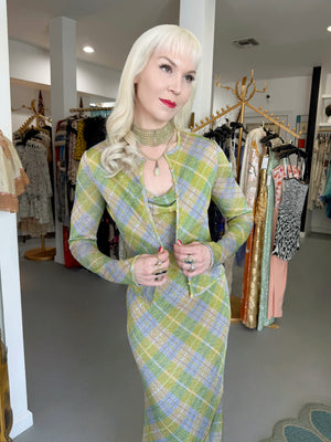 2000 John Galliano Metallic Plaid Lurex Knit Bias-Cut Maxi Dress w/ Matching Cardigan