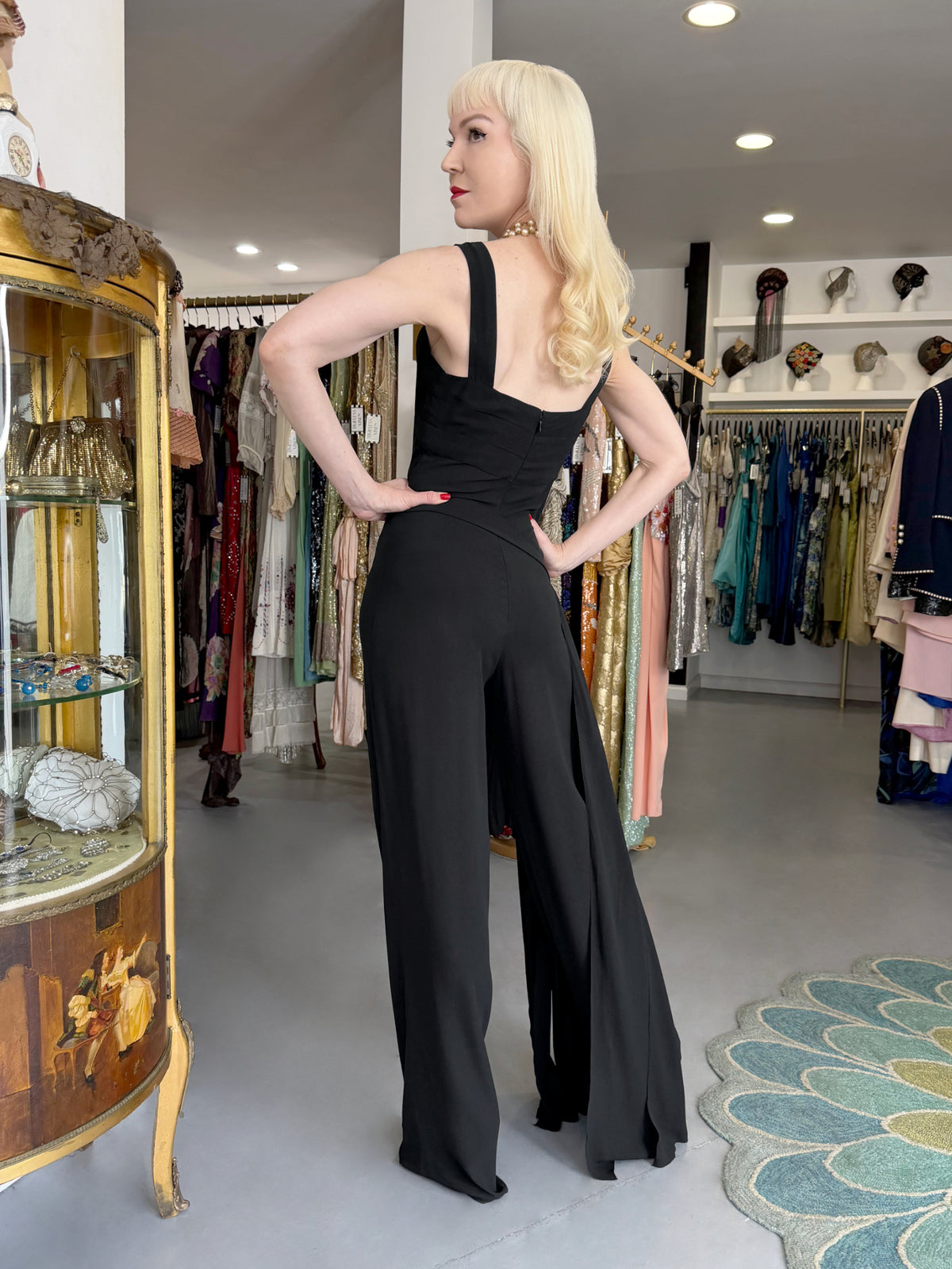 1999 Chanel by Karl Lagerfeld Runway Black Crepe Low-Plunge Draped Sash Jumpsuit