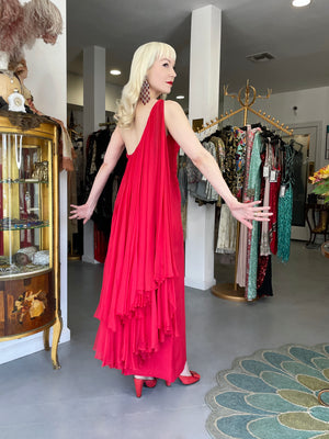 1960's Martha Weathered Couture Ruby-Red Pleated Silk Draped Goddess Gown