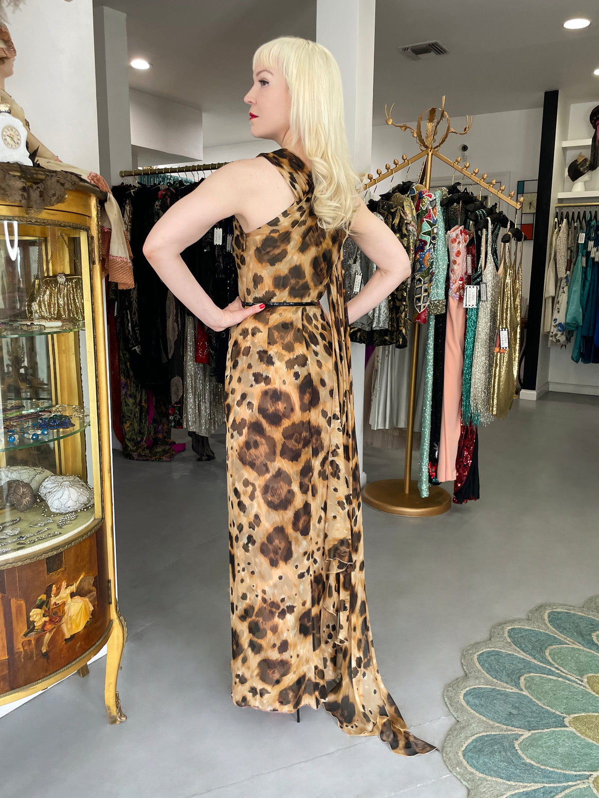 1996 Valentino Runway Editorial Leopard Print Sheer Silk Draped-Sash Gown