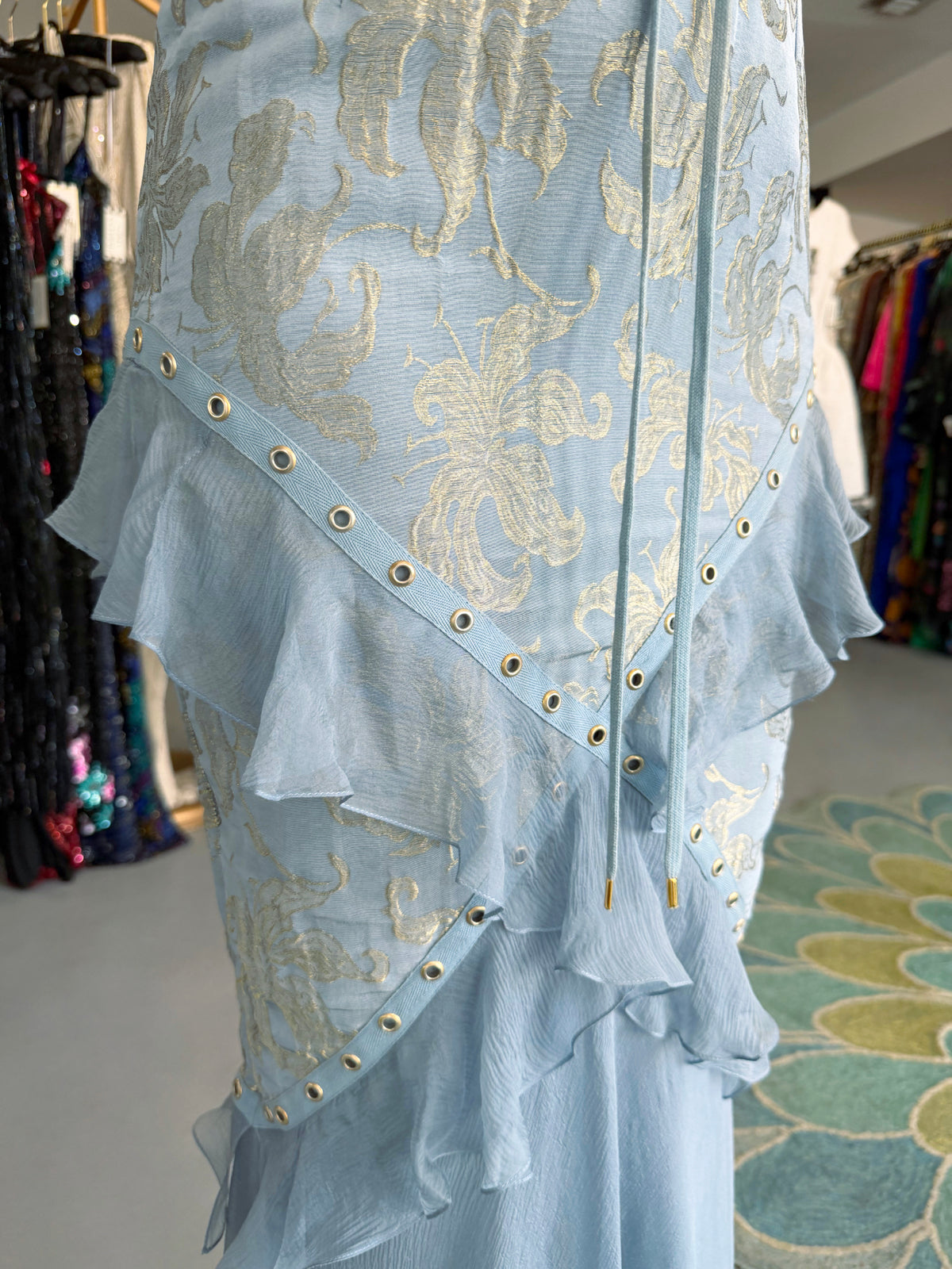 2003 Christian Dior by John Galliano Metallic Powder Blue Floral Silk Brocade Lace Up Bias-Cut Gown
