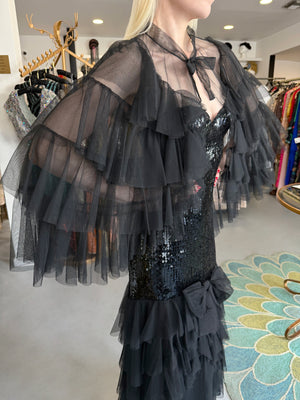 1978 Loris Azzaro Couture Black Sequin Strapless Tiered-Ruffle Gown & Sheer Capelet