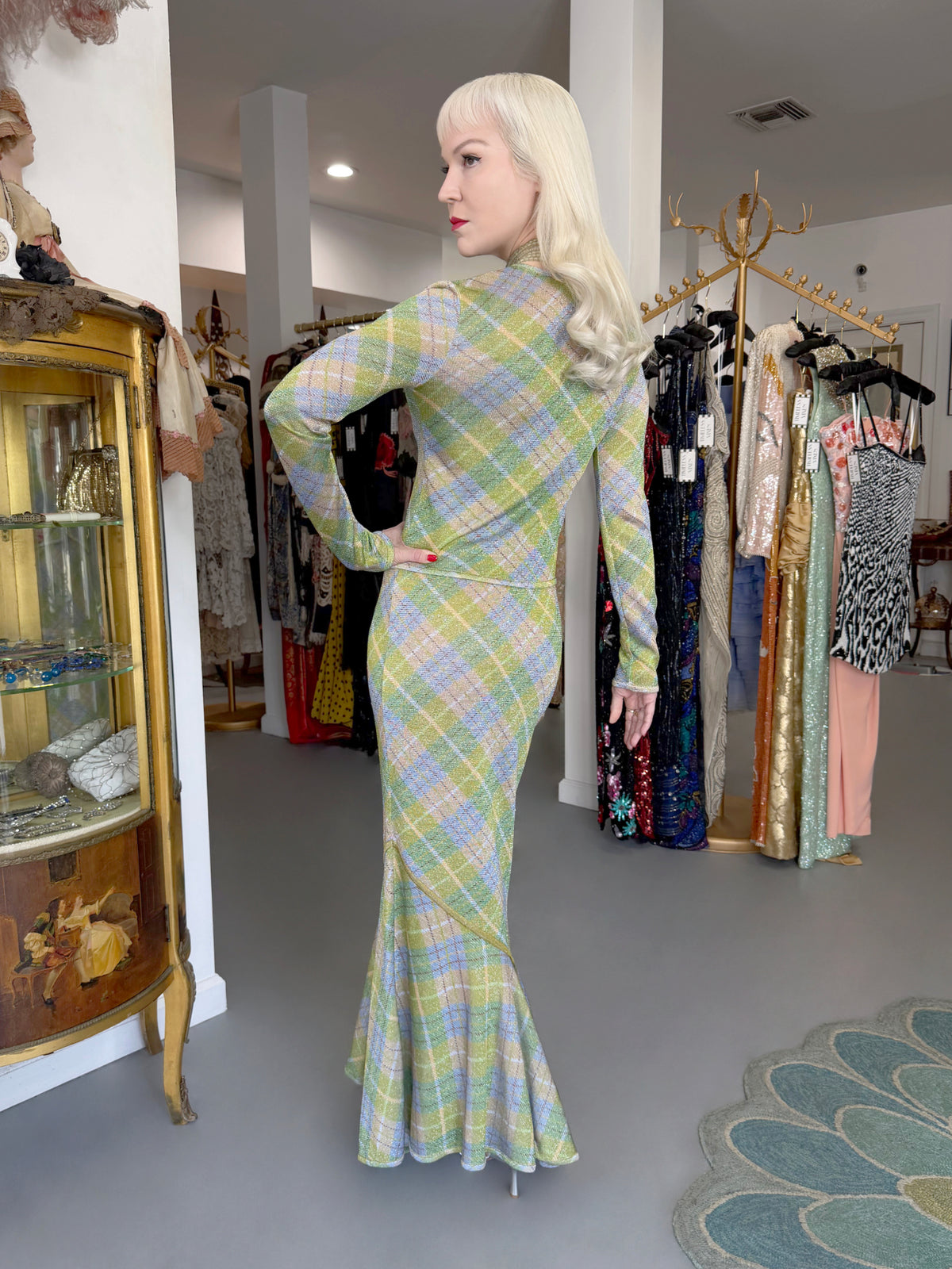 2000 John Galliano Metallic Plaid Lurex Knit Bias-Cut Maxi Dress w/ Matching Cardigan