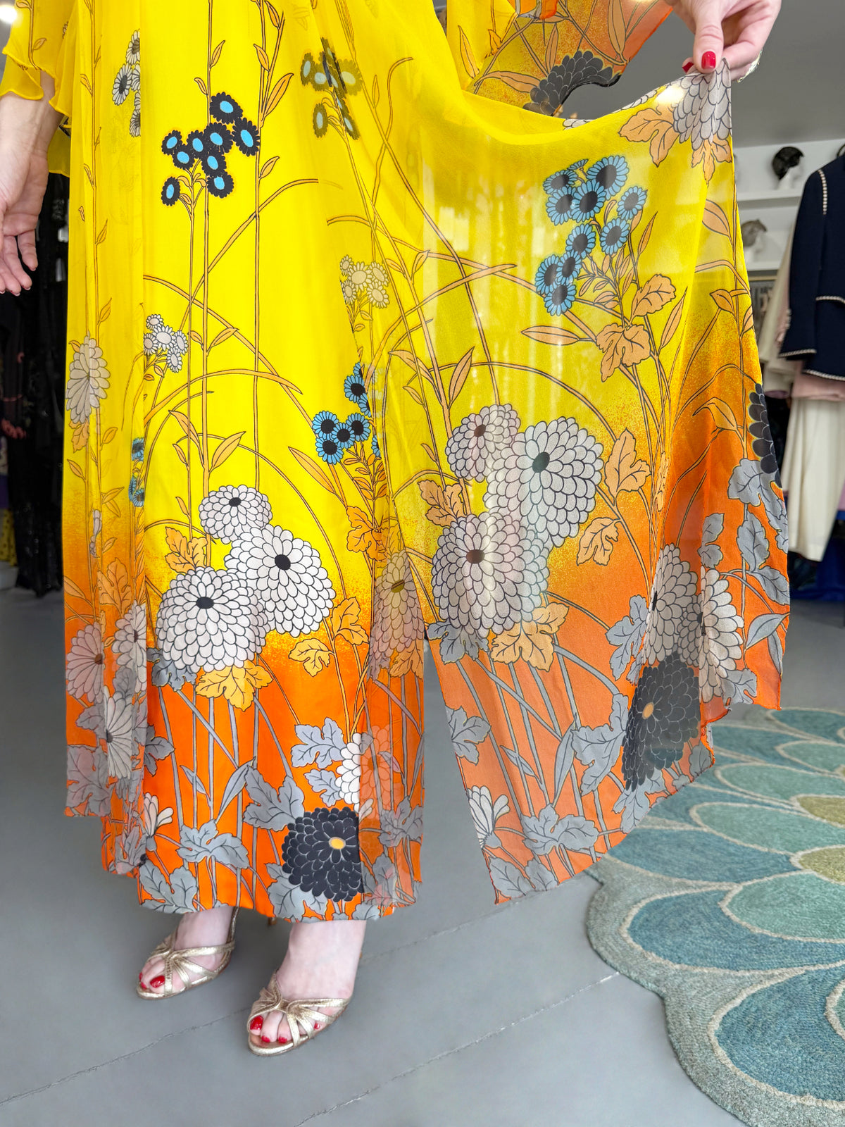 1972 Hanae Mori Couture Vogue Editorial Sunset Ombrè Floral Silk Gown & Matching Sheer Jacket