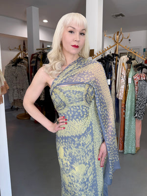 1995 Valentino Runway Periwinkle & Yellow Floral Print Silk Ruched Strapless Draped Gown