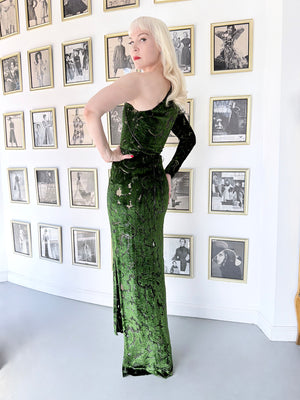 1990 Geoffrey Beene Couture 'Green Leaves' Sheer Devoré Velvet One-Sleeve Hourglass Gown
