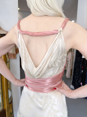 1930’s Ivory Leaf Motif & Blush Pink Silk Satin Floral Appliqué Bias-Cut Trained Couture Gown