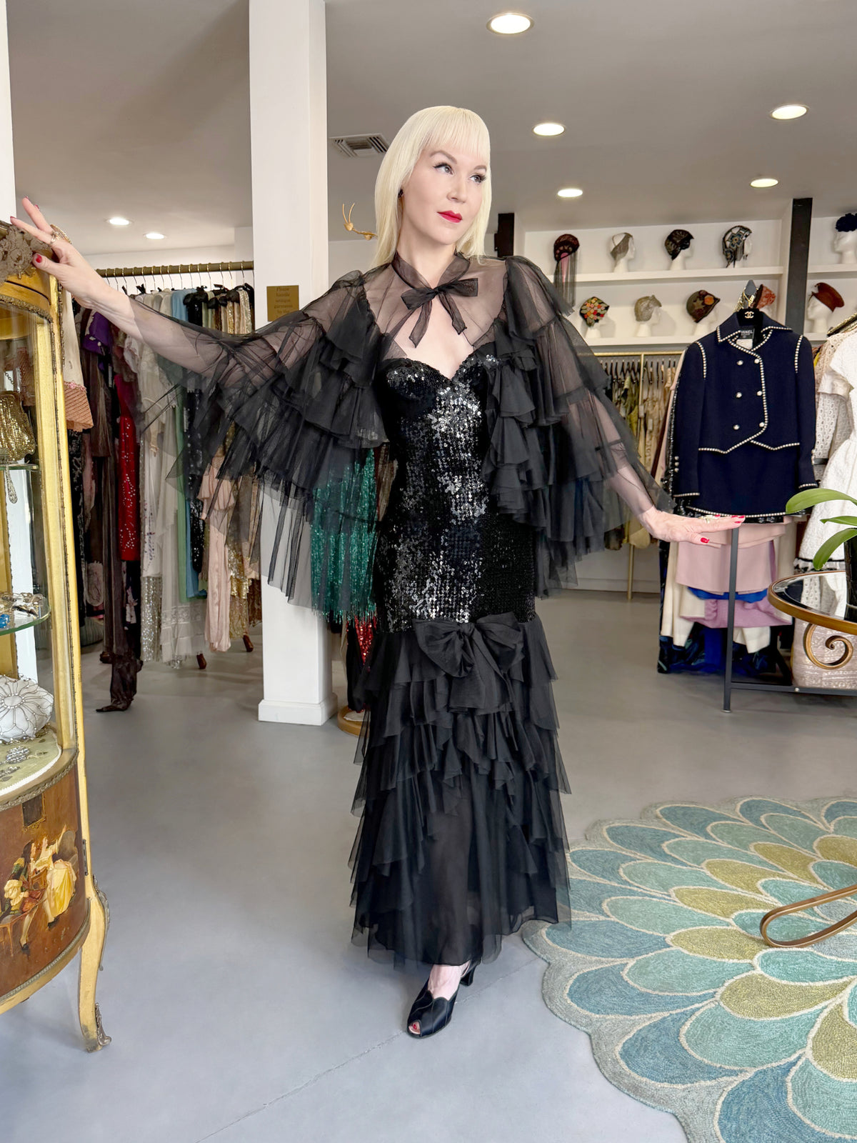 1978 Loris Azzaro Couture Black Sequin Strapless Tiered-Ruffle Gown & Sheer Capelet