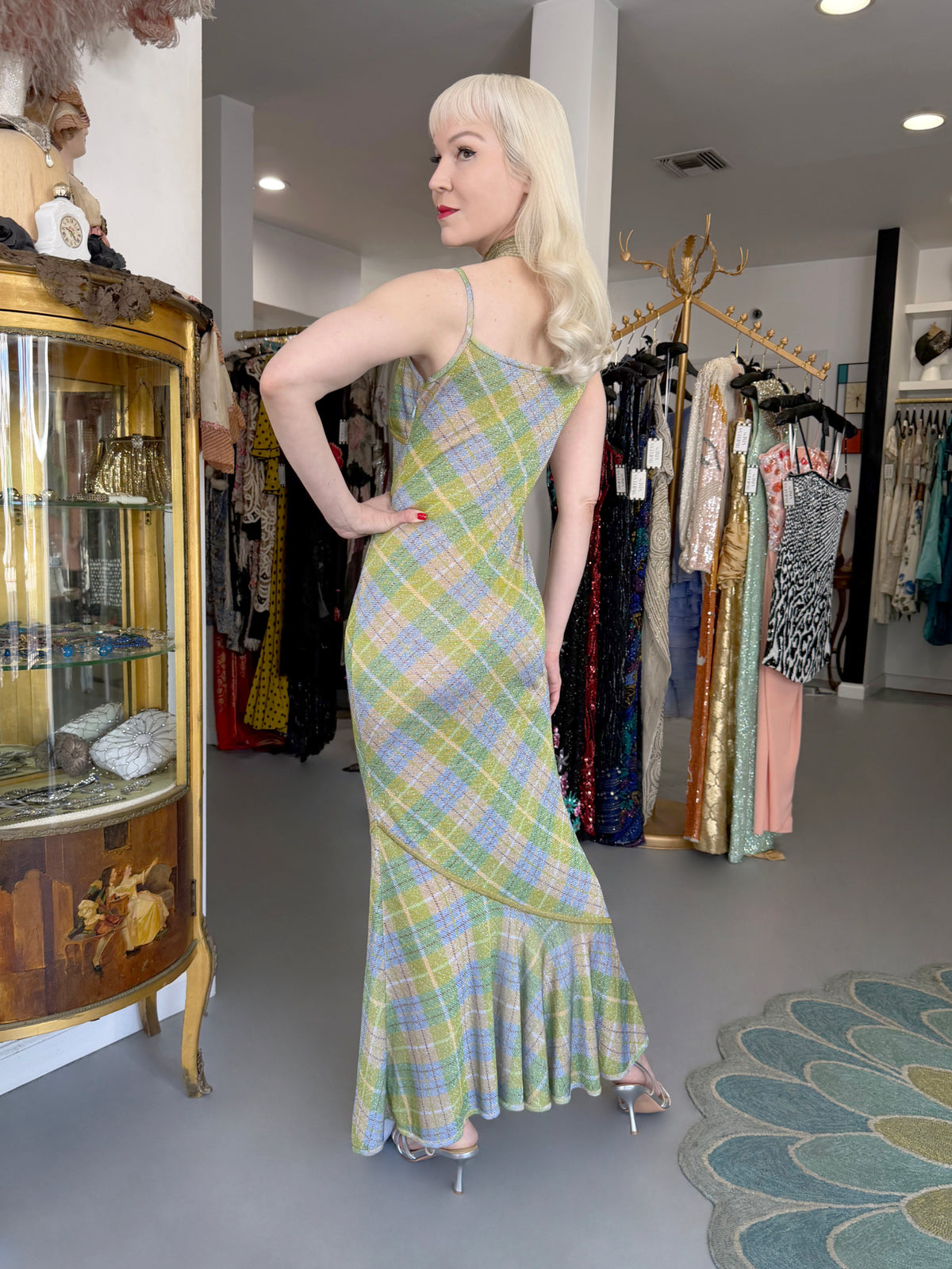 2000 John Galliano Metallic Plaid Lurex Knit Bias-Cut Maxi Dress w/ Matching Cardigan