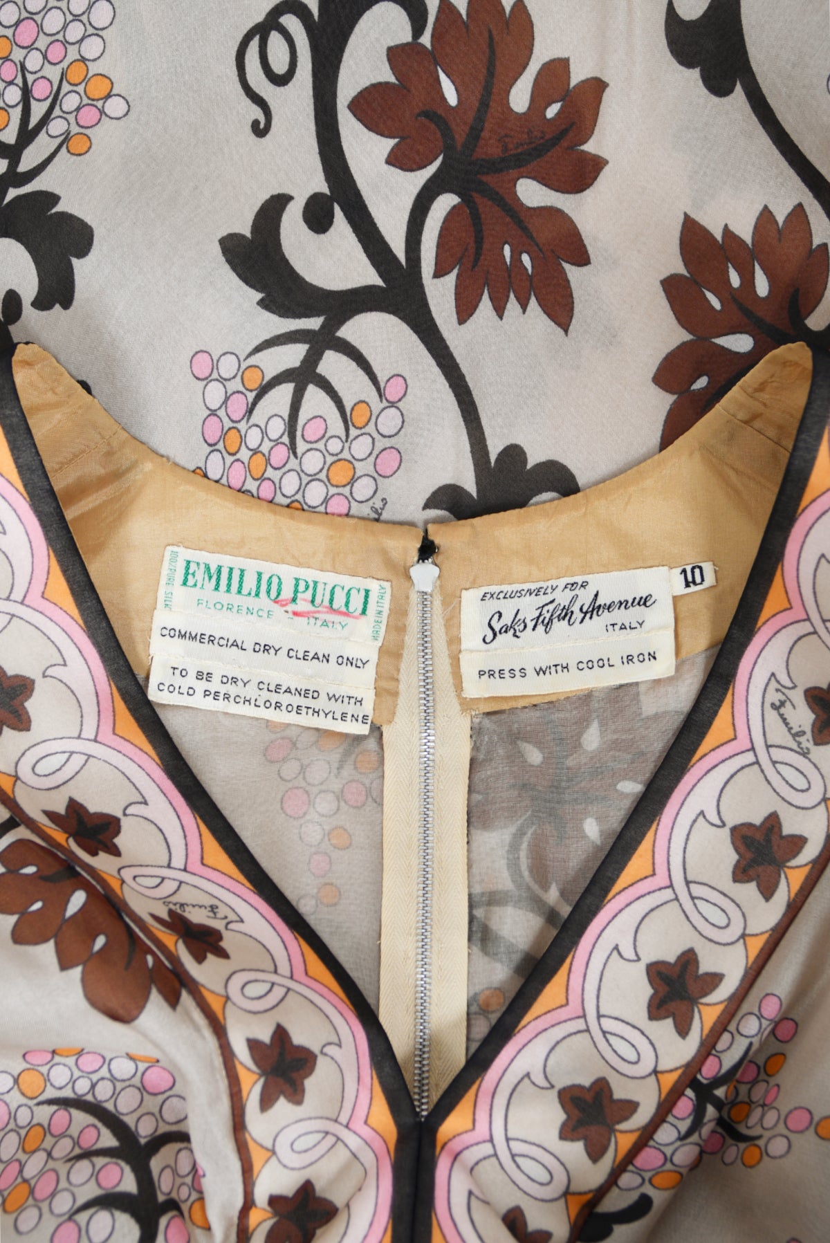 1972 Emilio Pucci Grapevine Motif Sheer Silk Organza Billow-Sleeve Maxi Dress