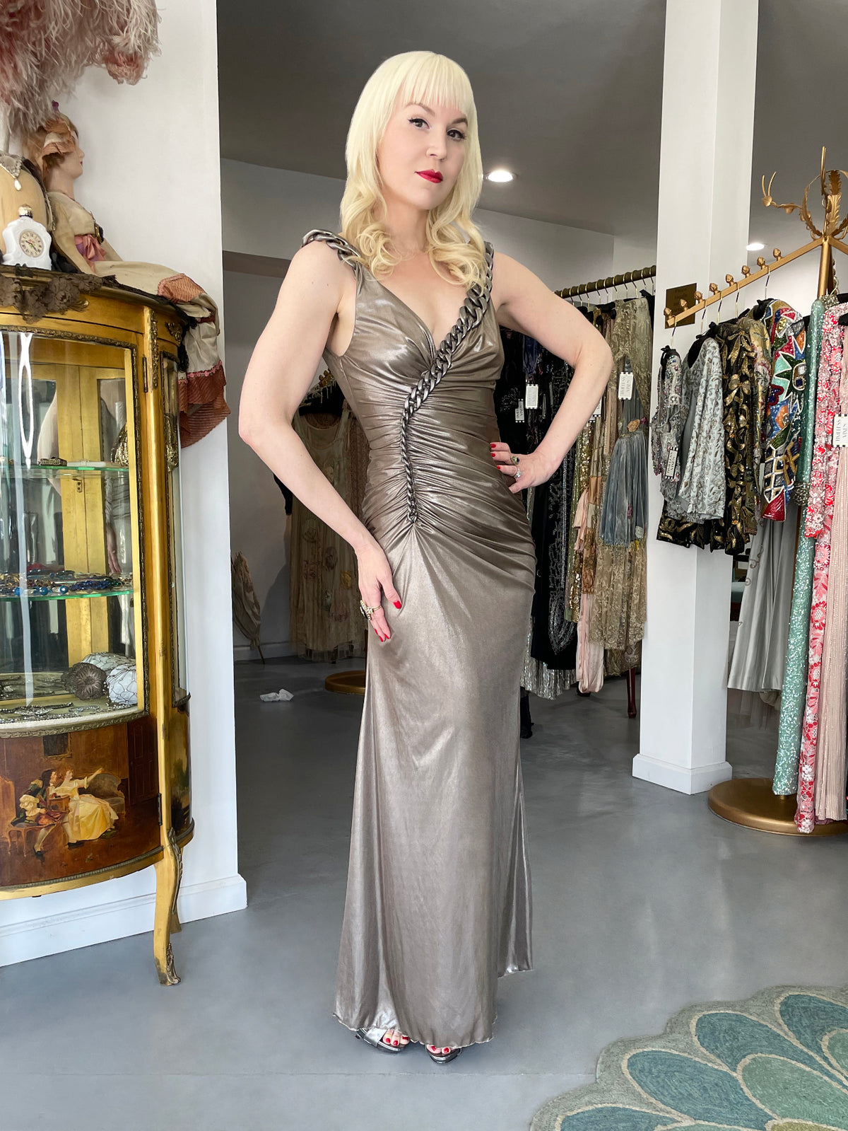 2007 Versace Smokey Metallic Stretch Silk Chain Straps Hourglass Gown