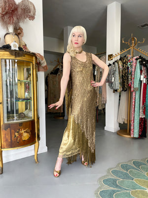 1920's Metallic Gold Lamé Lace Flapper Fringe Margot Robbie Film-Worn Dress