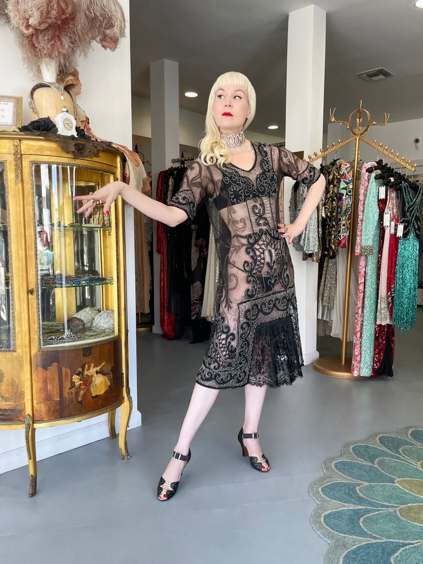 1920's Embroidered Black Sheer Mixed-Lace Beaded Art Deco Motif Dress