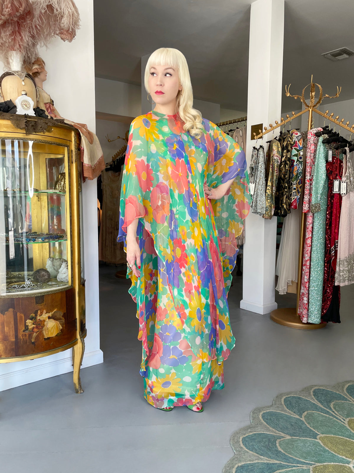 1967 Givenchy Haute Couture Colorful Floral Sheer Silk Draped Caftan Maxi Dress