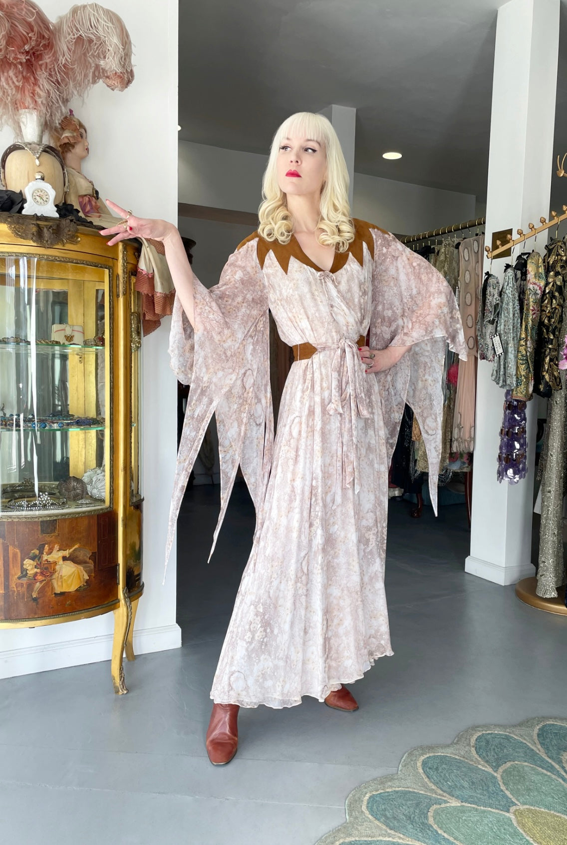 1971 Giorgio Sant' Angelo Watercolor Chiffon & Suede Angel-Sleeve Wrap Dress