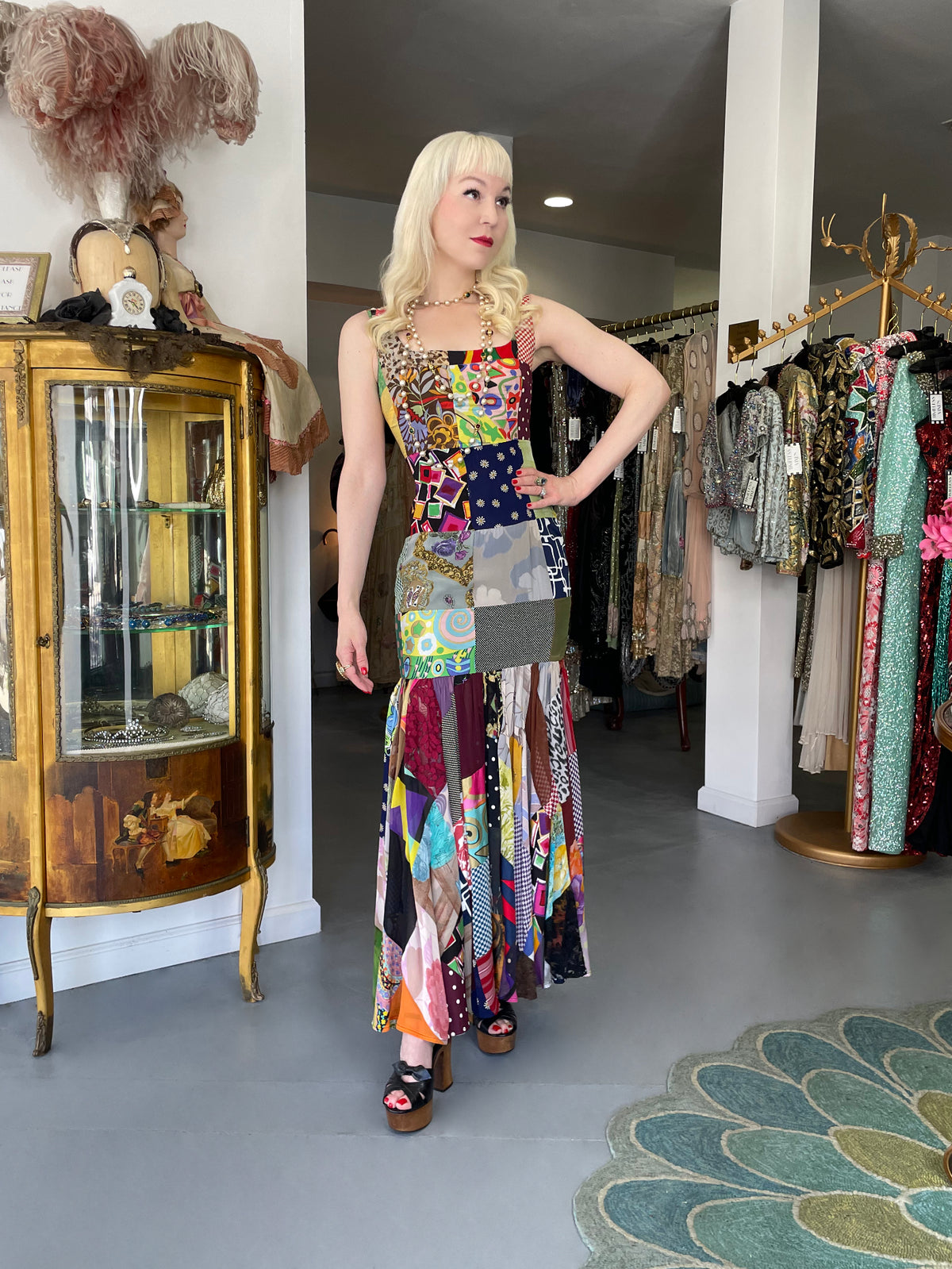 1993 Dolce &amp; Gabbana Documented Colorful Patchwork Silk Hourglass Flounce Gown