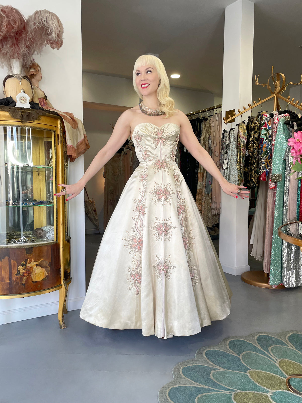 1950&#39;s Beaded Embroidered Cream &amp; Pale Pink Satin Strapless Couture Ballgown