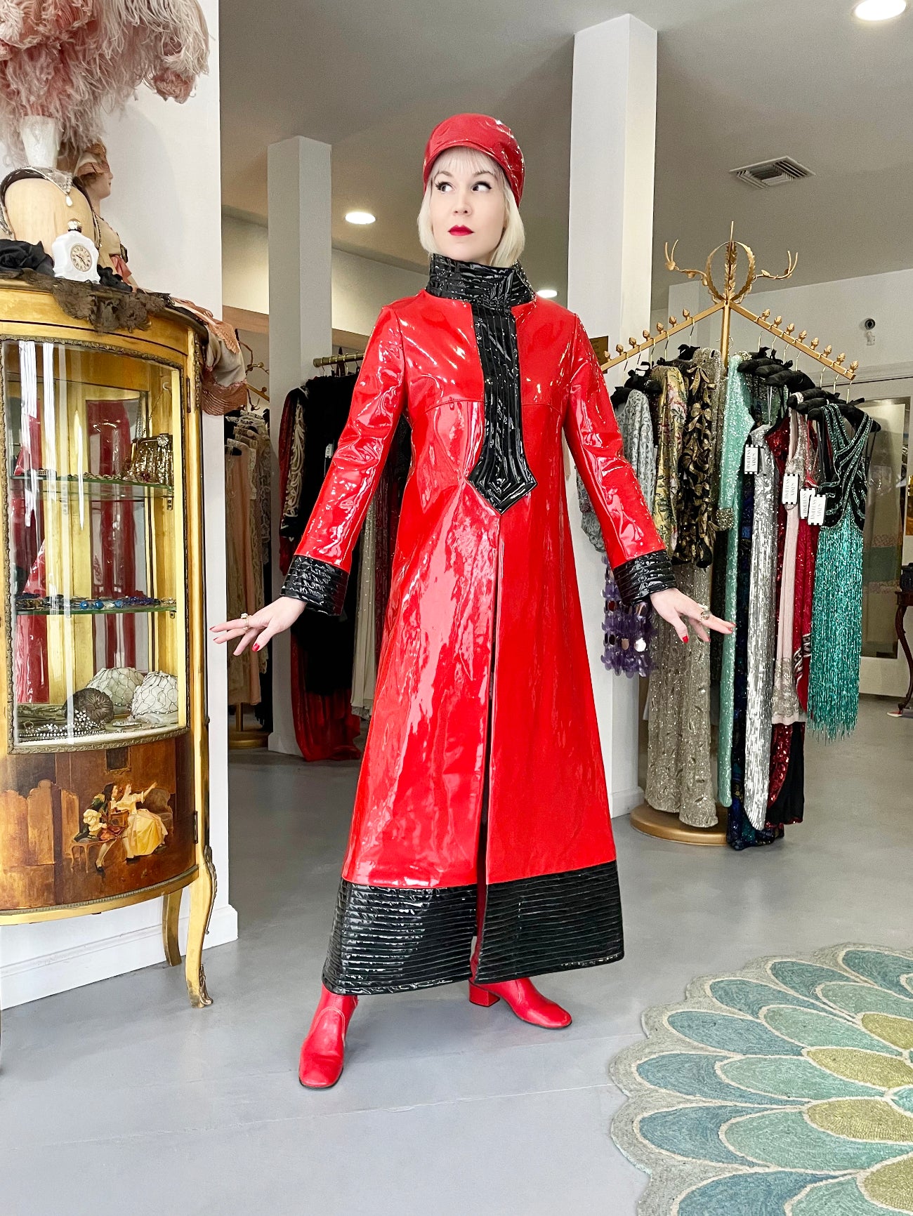 Vintage 1969 Pierre Cardin Documented Red & Black Vinyl Space-Age Mod Maxi Coat Vintage 1969 Pierre Cardin Documented Red & Black Vinyl Space-Age Mod Maxi Coat