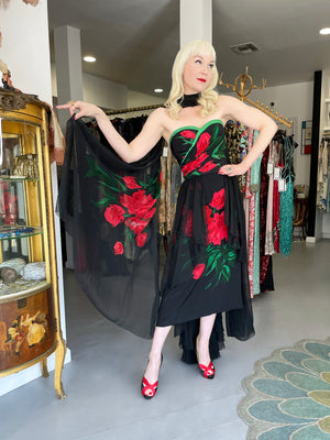 1950's Howard Greer Couture Red Roses Silk Strapless High-Low Gown & Shawl