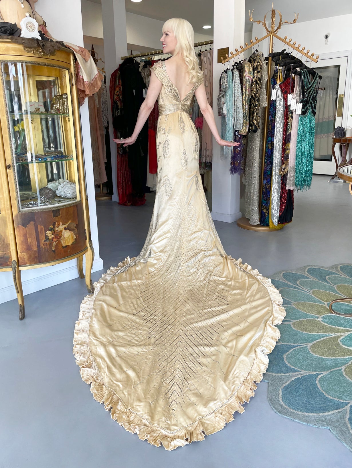 1930's Beaded Rhinestone Candlelight Silk Trained Old Hollywood Gown