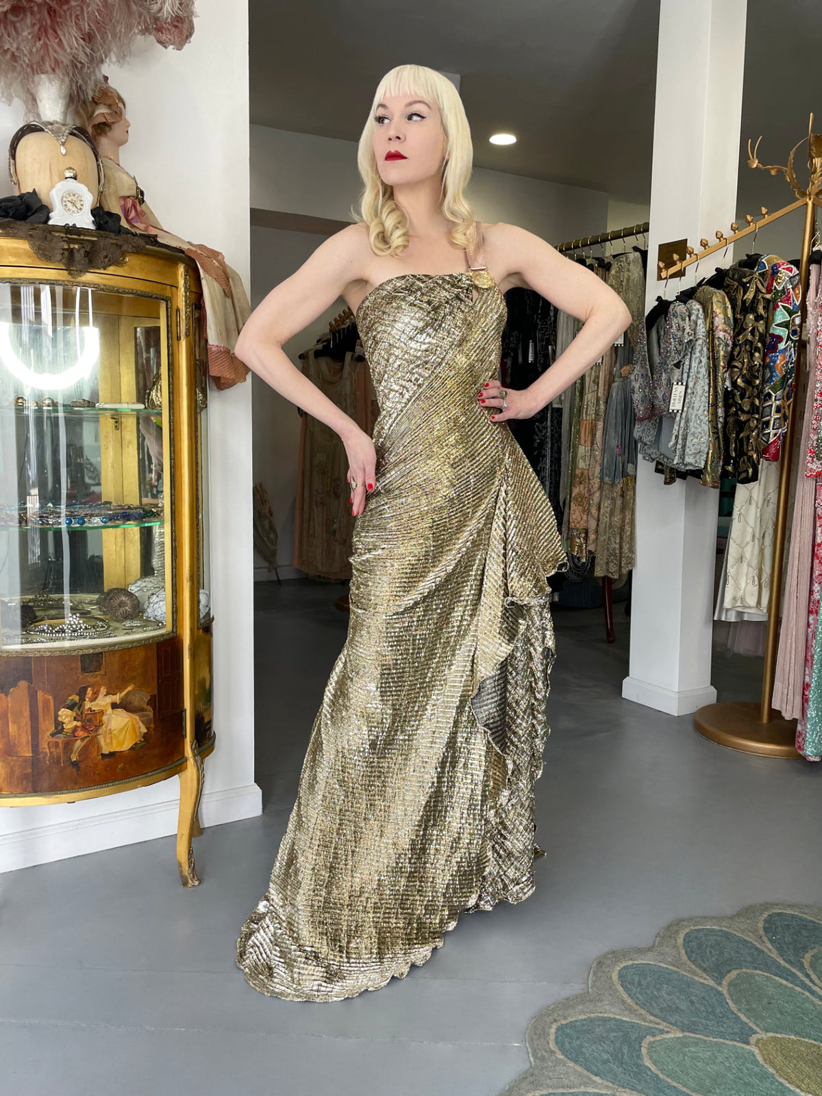 1994 Gianni Versace Couture Runway Metallic Gold Pleated Lamè High-Slit Gown