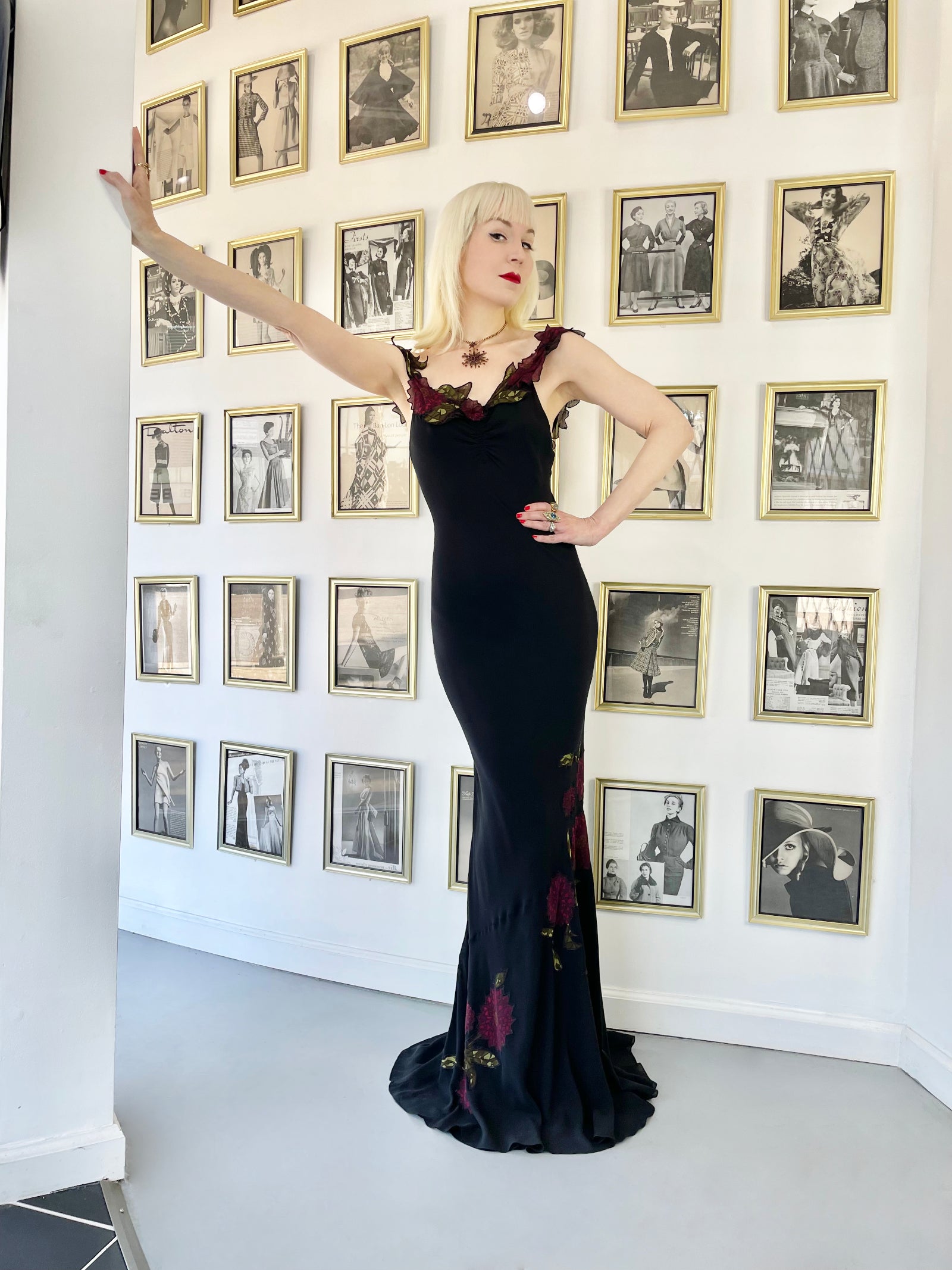 2001 John Galliano Red Chrysanthemum Floral Appliqué Black Silk Chiffon Bias-Cut Gown