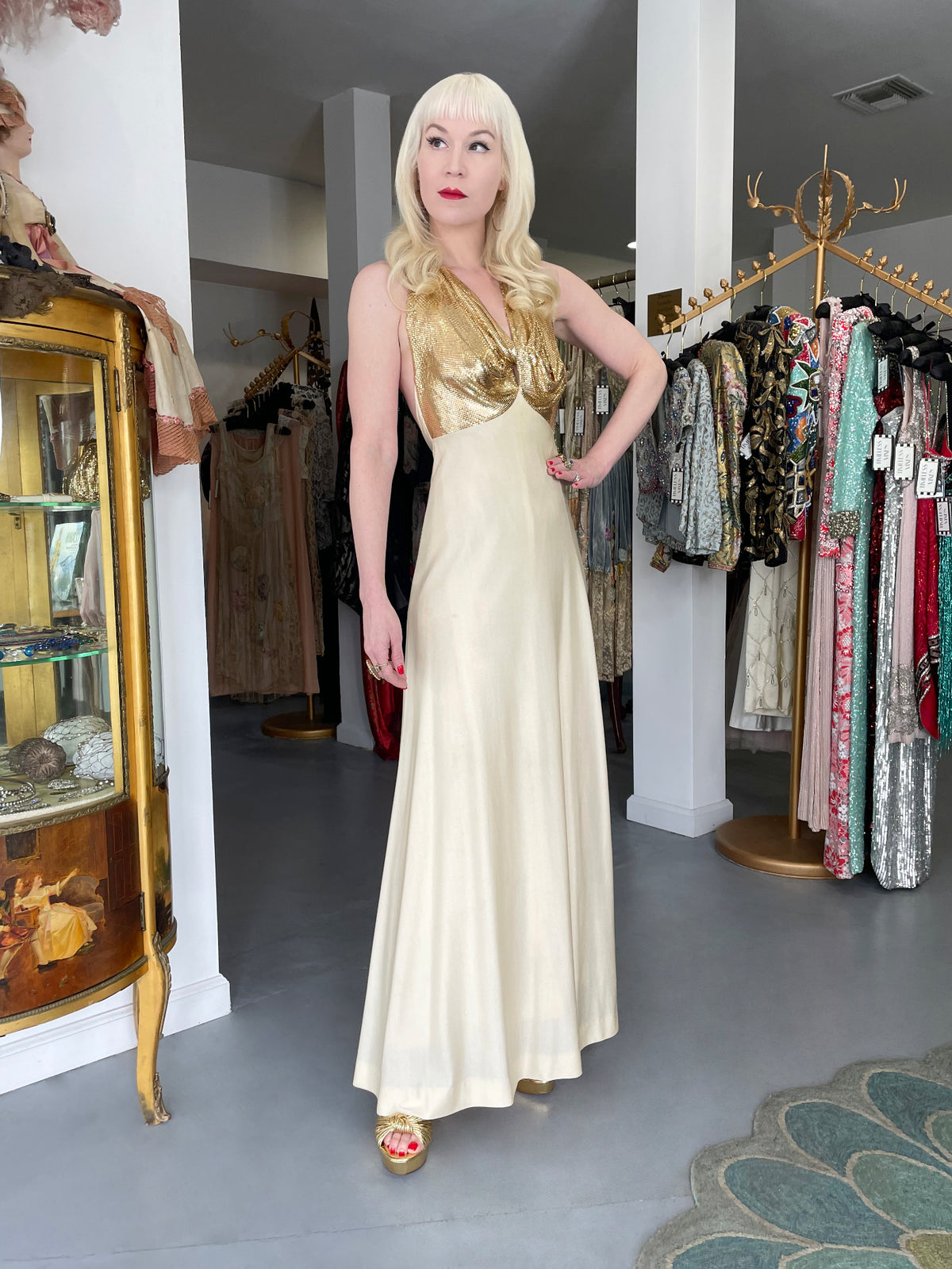 1972 Loris Azzaro Couture Ivory Silk-Jersey &amp; Gold Metal Mesh Backless Gown w/ Cape