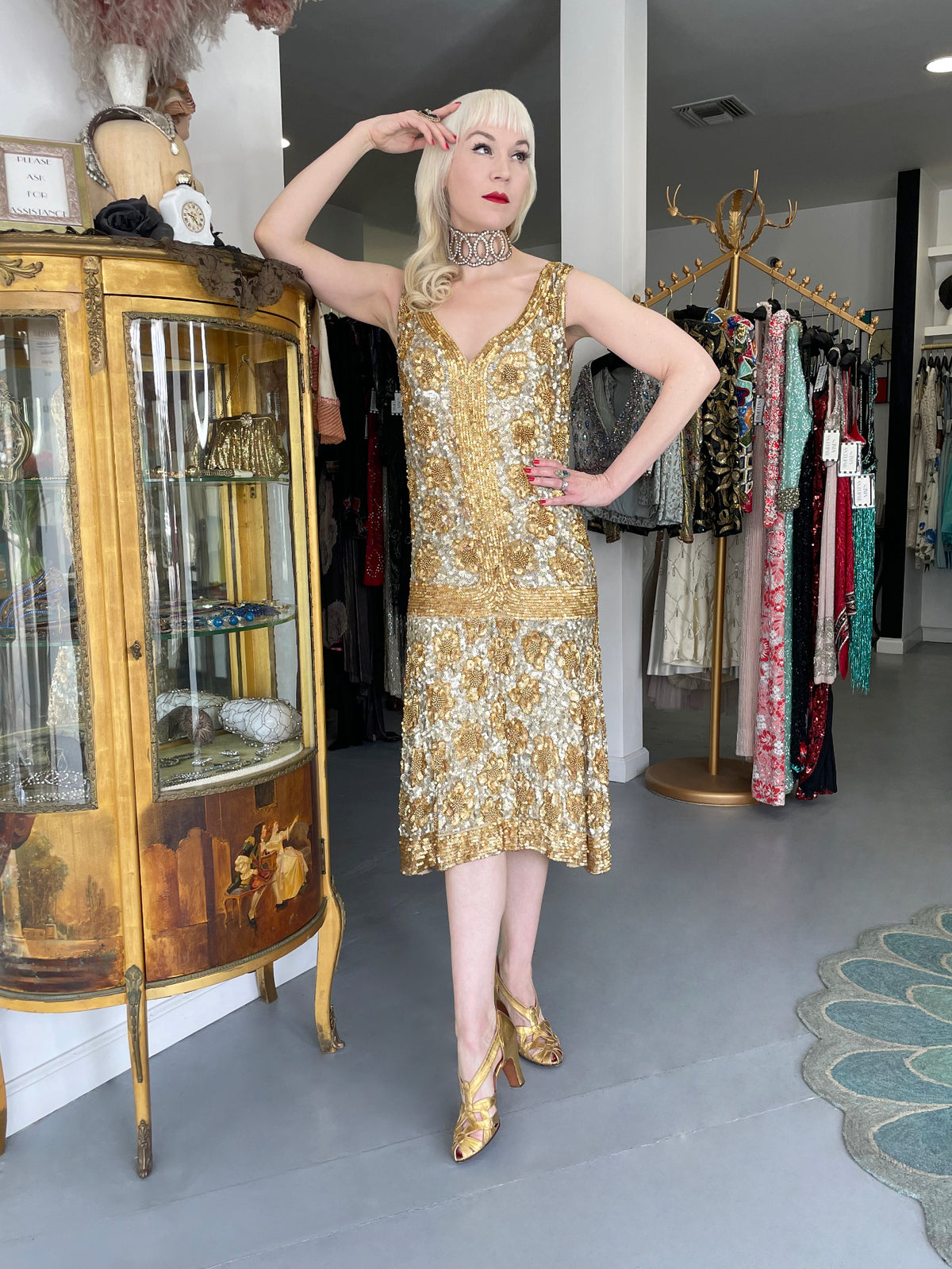 1920&#39;s French Couture Metallic Gold Beaded Sequin Cotton-Net Flapper Dress