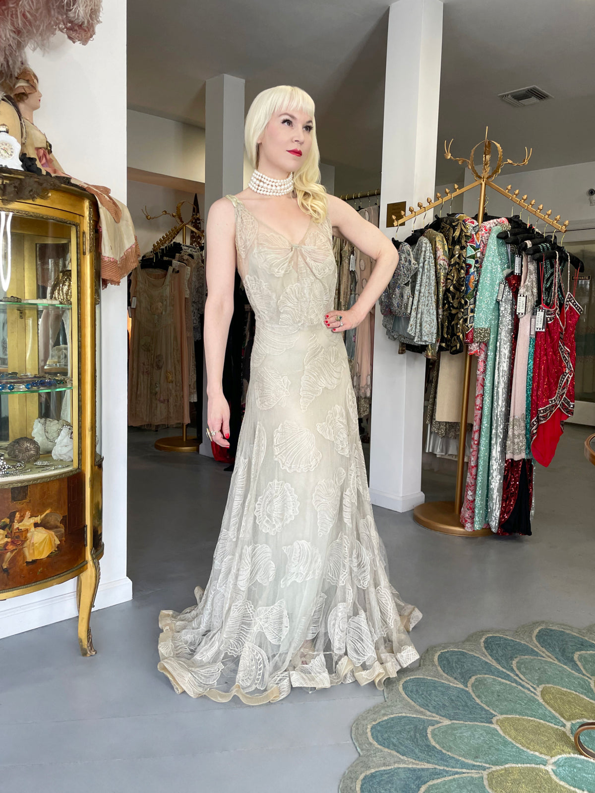 1932 Worth Couture for Elizabeth Arden Sequin Ivory Seashell Motif Lace Gown