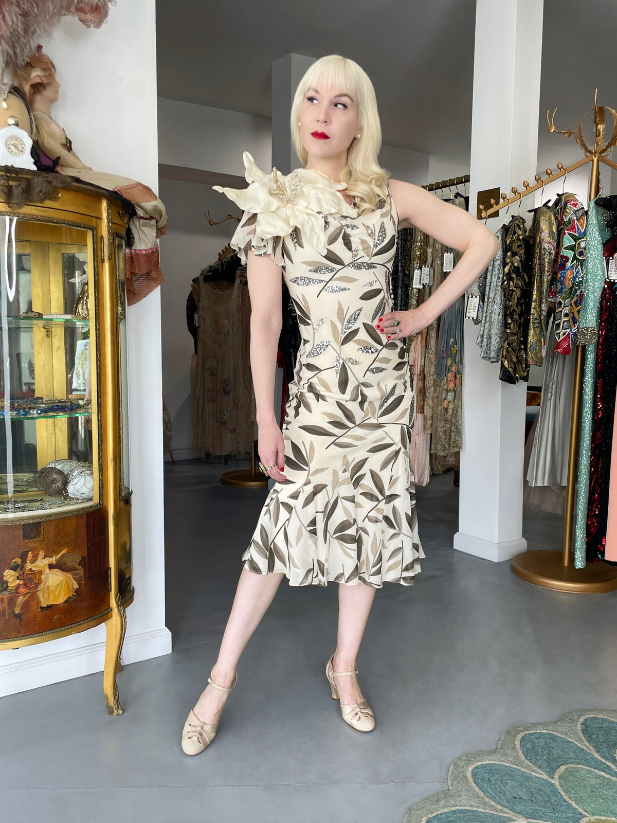 2008 Christian Dior by John Galliano Leaf Motif Sequin Silk Appliqué Bias-Cut Dress