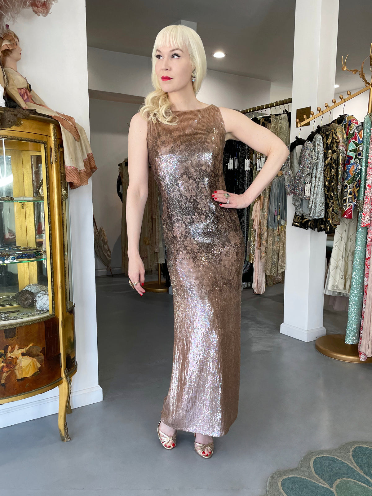 1997 Oscar de la Renta Runway Fully Sequin Floral Motif High-Slit Gown