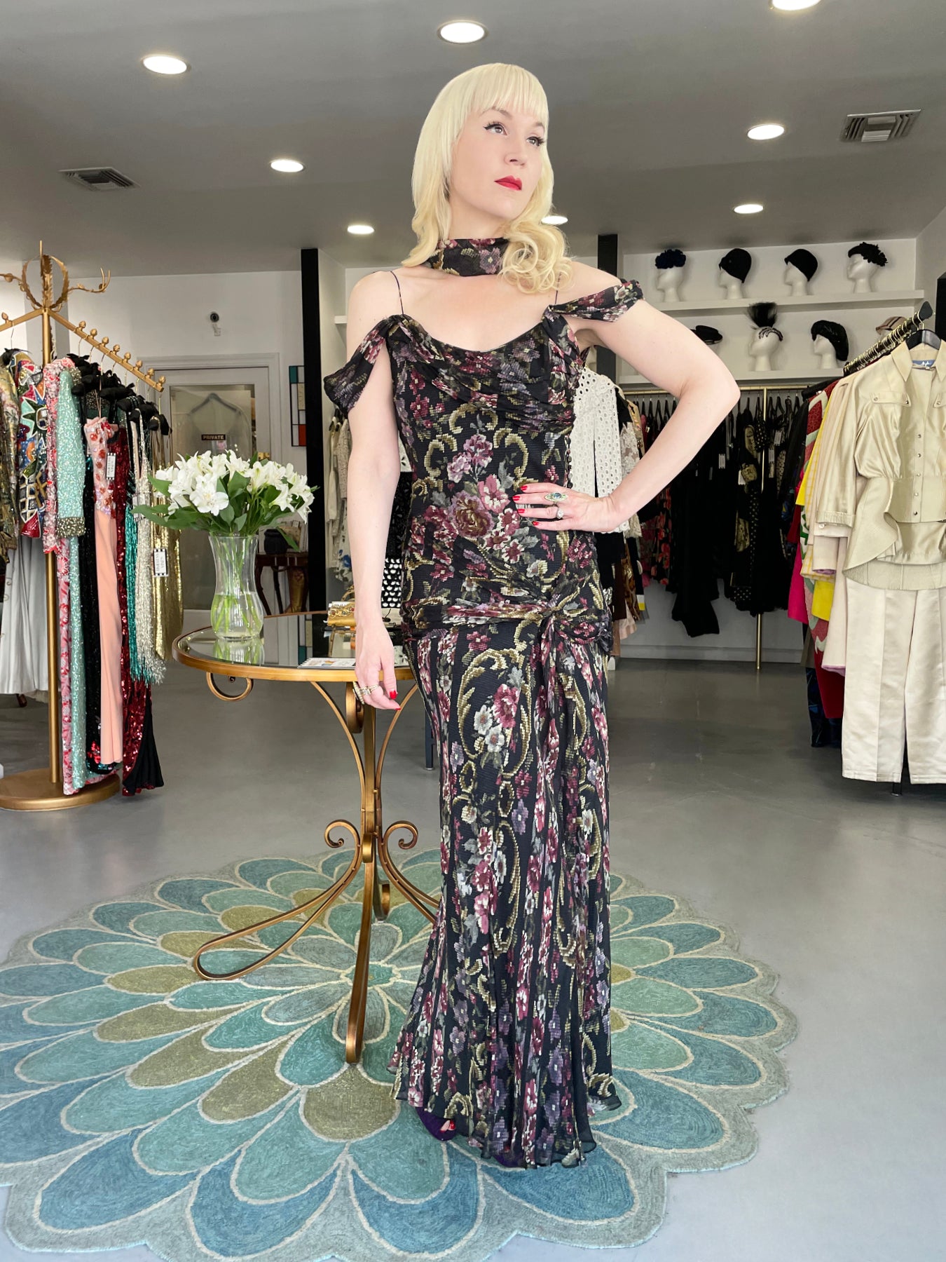 2004 John Galliano Needlepoint Floral Print Silk Bias-Cut Gown w/ Matching Scarf